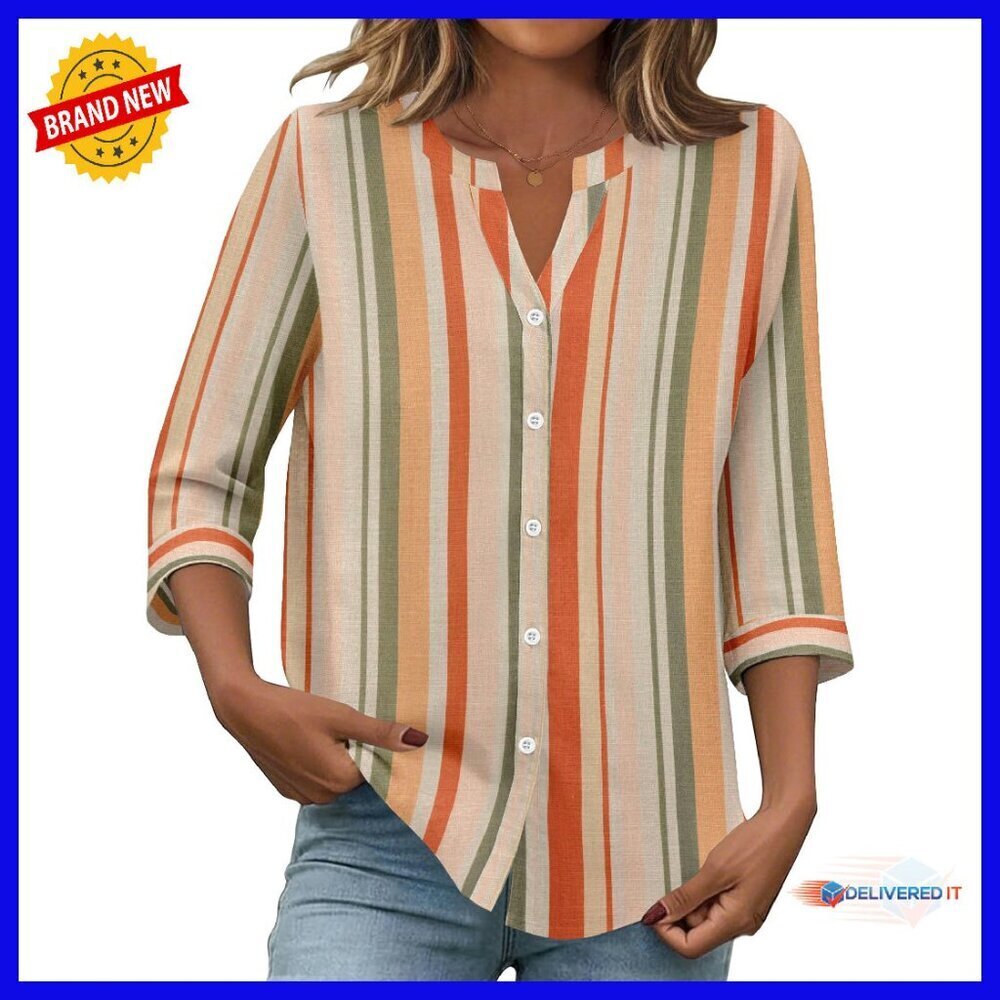 Women's 3/4 Sleeve Linen Cotton V-Neck Button Down Blouse Loose Fit